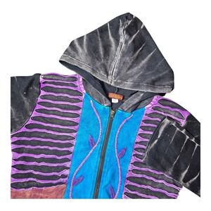 Windhorse Boho Hoodie Jacket Full Zip Embroidered Black Made in Nepal Women's M
